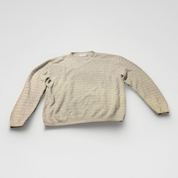 Vintage Textured Knit Beige Sweater Large Minimalist V-neck Neutral Pullover - Picture 1 of 4